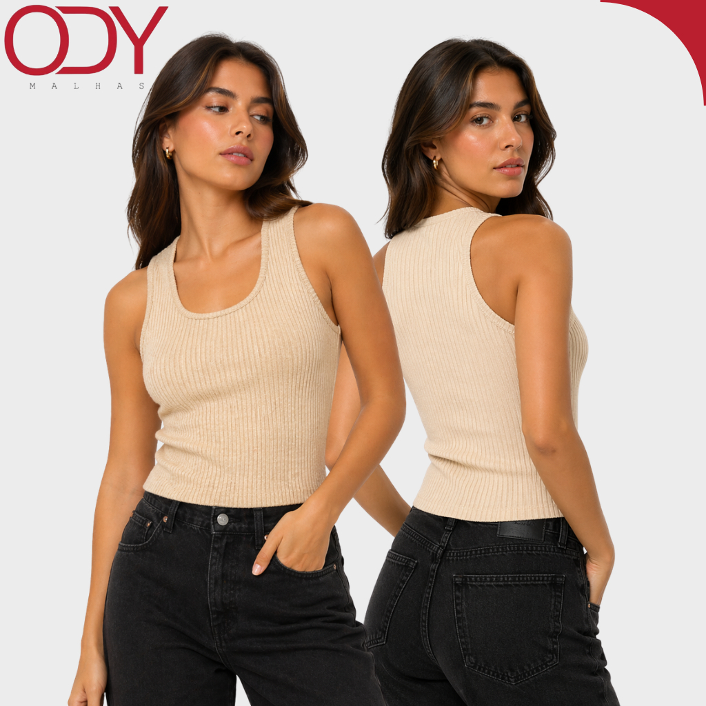 Blusa Feminina Regata Básica Canelada Tricot Gola Redonda Moda Casual Verão Confortável em Alta