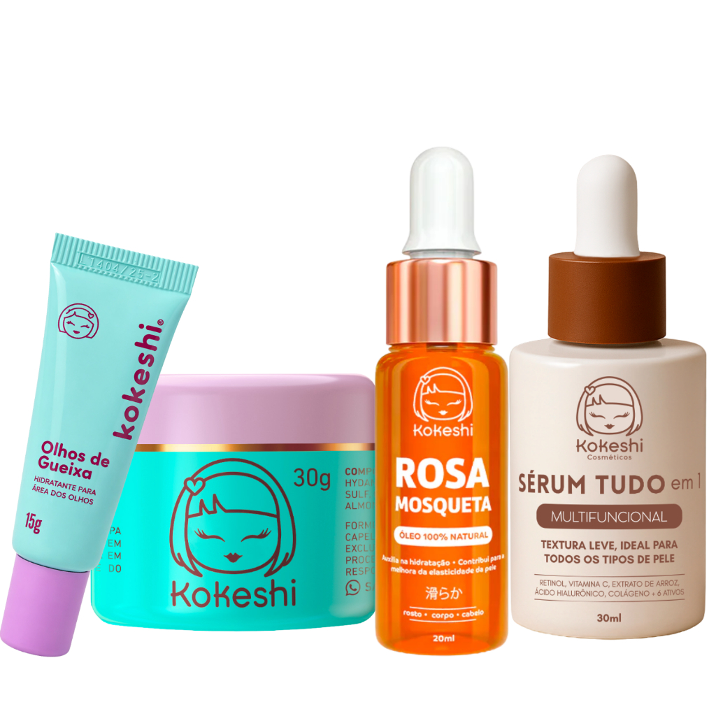 Kit Essencial Kokeshi Sérum Tudo em 1 Creme Pele de Porcelana Olhos de Gueixa Óleo de Rosa Mosqueta