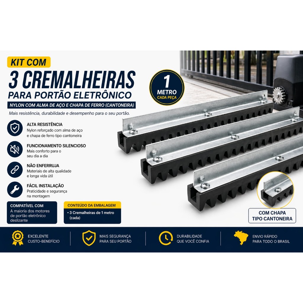 Kit 3m Cremalheira Residencial para motor eletronico compativel com PPA Rossi Garen Peccinim