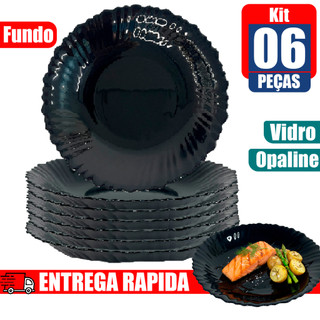 Jogo kit 06 Pratos Fundo vidro trabalhado opaline preto black 24cm importado almoço jantar hotel