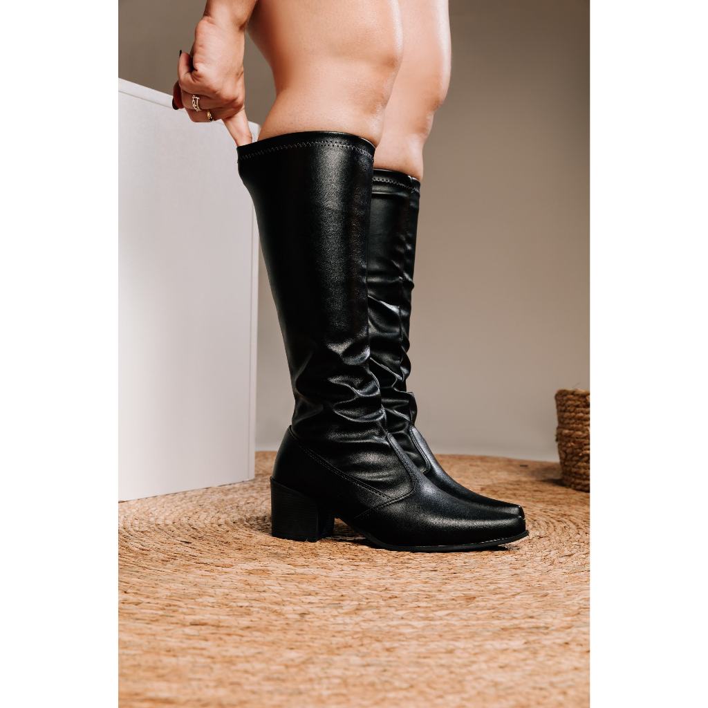 Bota Feminina Clássica Ziper Lateral Over Salto Bloco Cano Alto Longo The Knee Confortável stretch