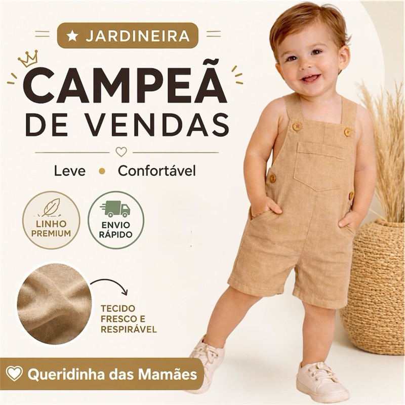 Jardineira curta Infantil Menino Macacão Linho Premium Bebê Verão Confortável