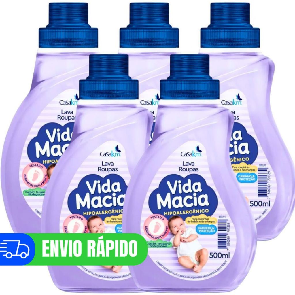 Kit 5 Lava Roupas Bebê Vida Macia 500ml Sabão Liquido