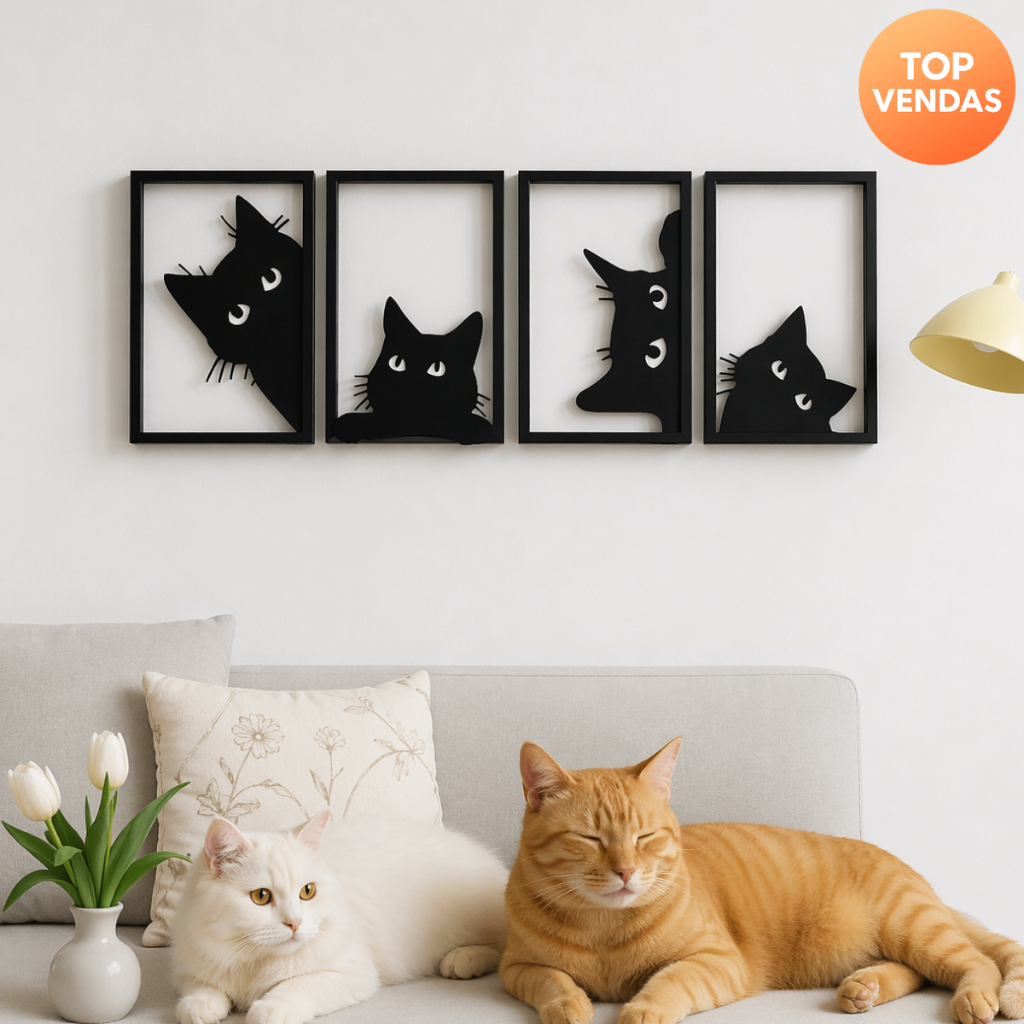 Kit Quadros Gatos Decorativo + Frase de Parede Eu Amo Gato Decoração Quarto Sala Cabeceira