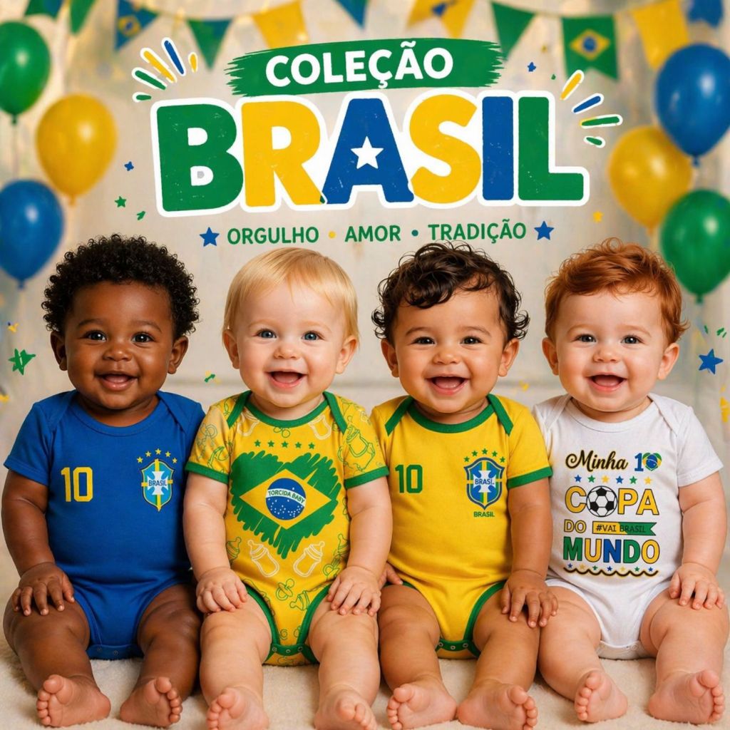 Body Bebê Temático Brasil Mêsversario Primeira Copa do Mundo - Seleção Brasileira Para Menino Menina