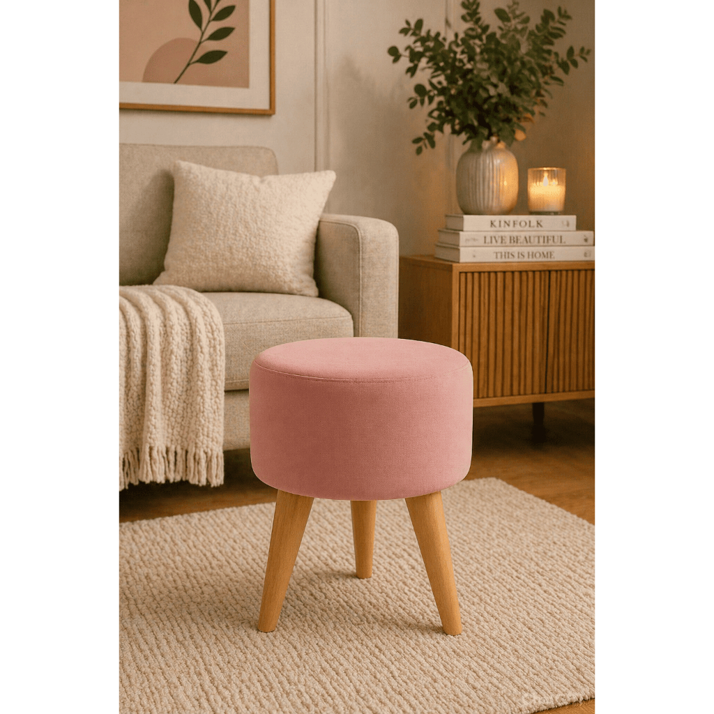 Puff Redondo Decorativo 36cm Reforçado 130kg – Banqueta Sala Quarto Pés Palito Suede Premium