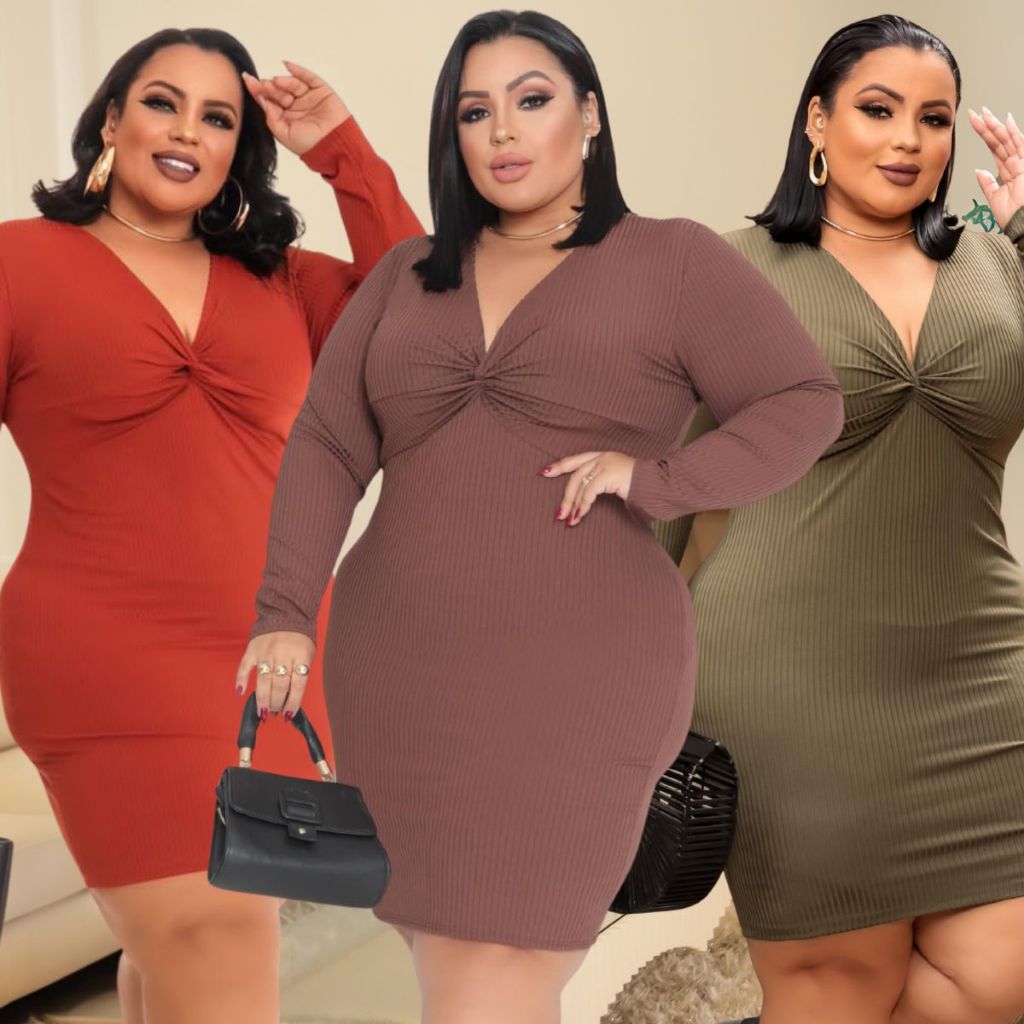 Vestido Feminino Tubinho Plus Size Canelado Manga Longa Decote V com Nó Inverno