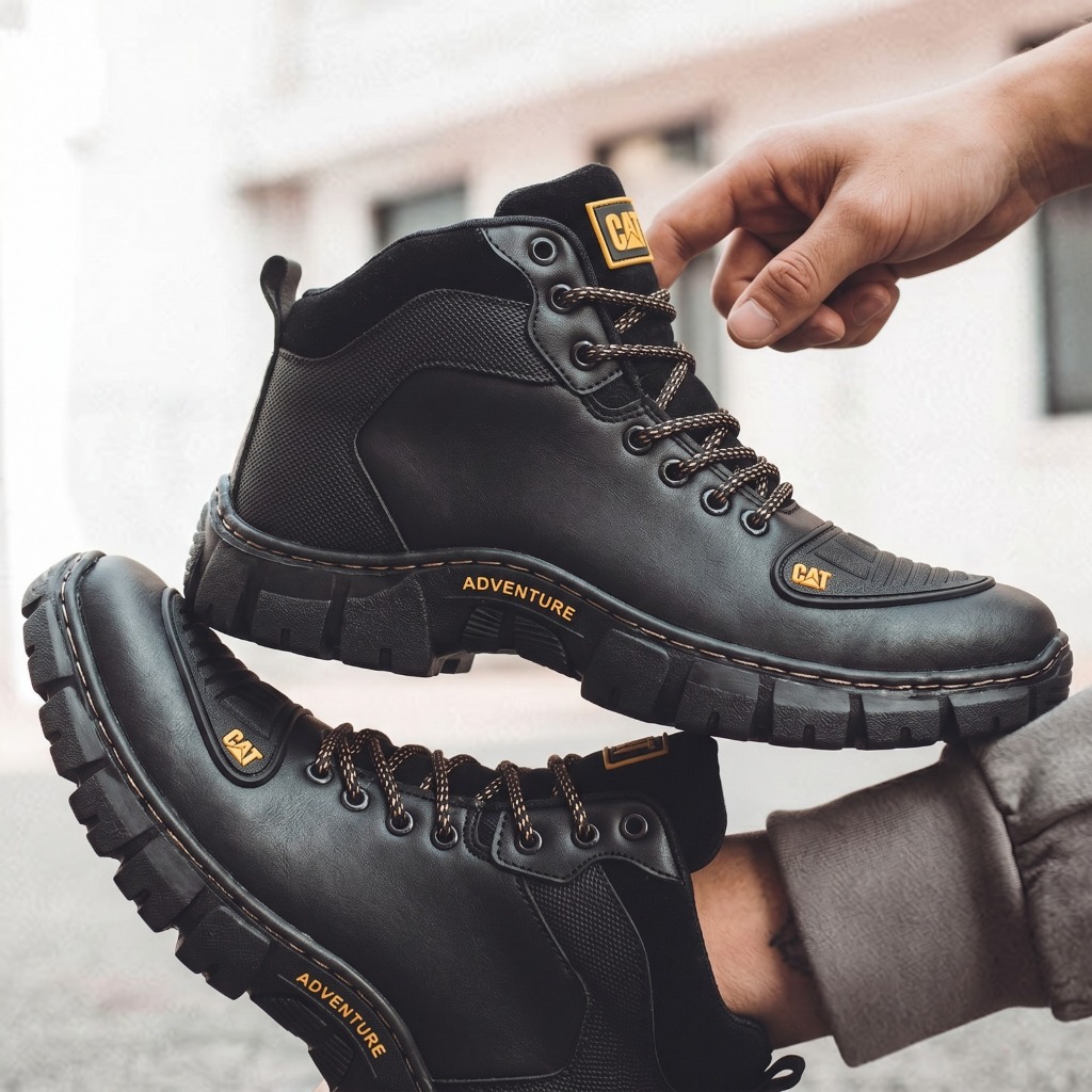 Bota Coturno Masculino Couro Sintético CAT Preto Palmilha Borracha Alta Densidade Conforto Promoção