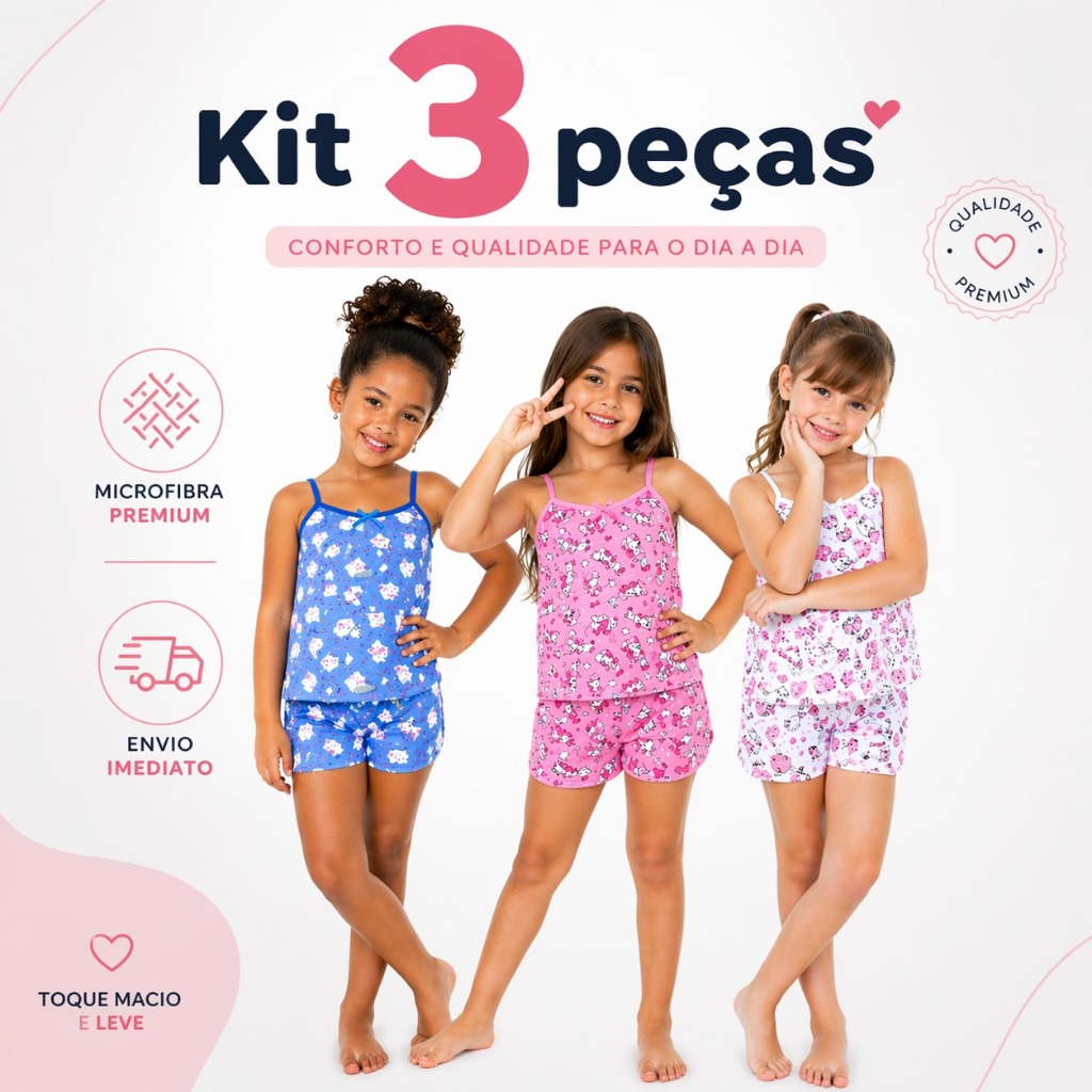 Kit com 3 Peças Baby Doll Infantil Feminino Estampado em Microfibra Confortável e Fresquinho