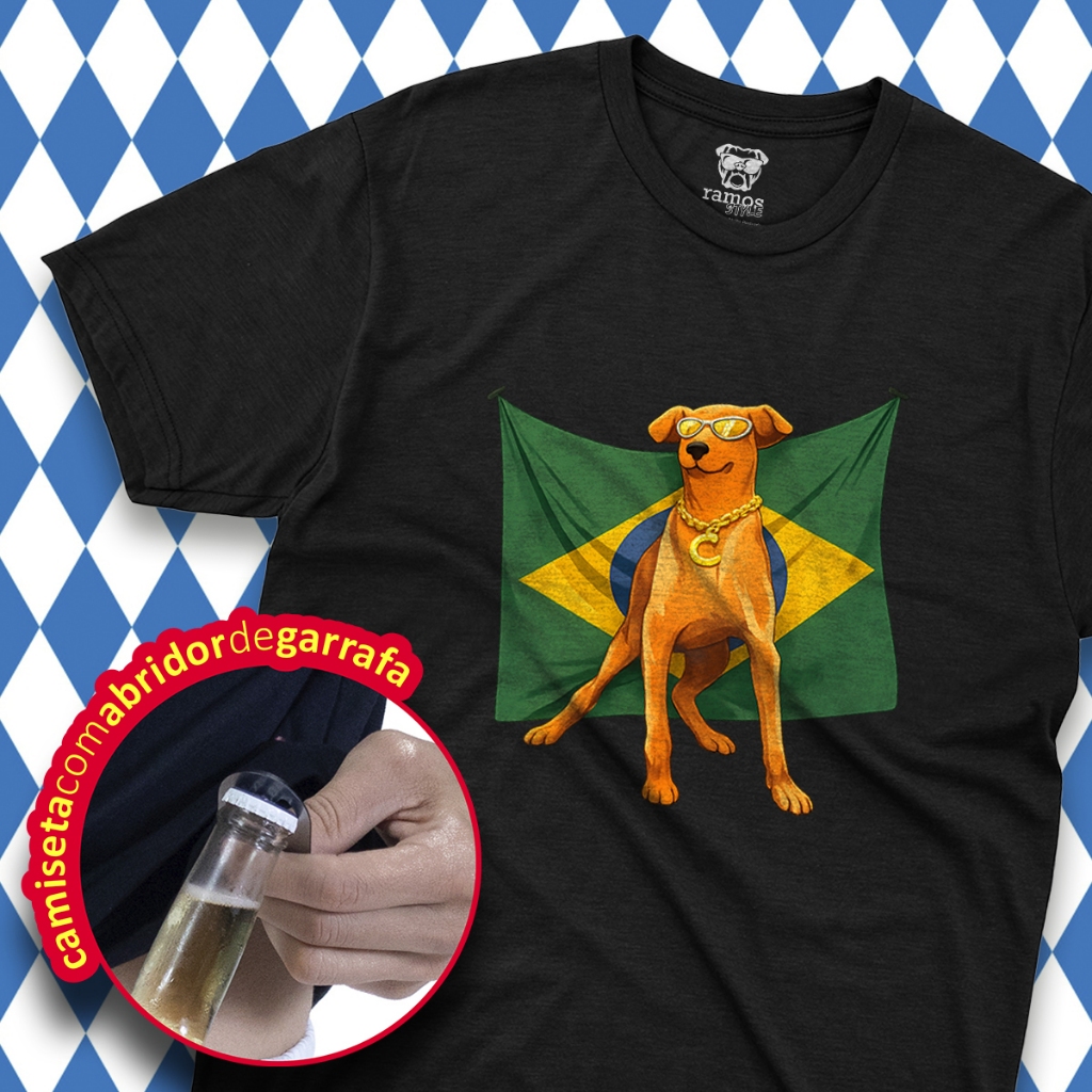 Camiseta Masculina com Abridor – Cachorro Caramelo Copa Do Mundo Brasil