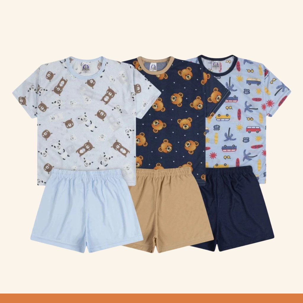 Pijama Manga Curta Menino Conjunto Completo Masculino Verão Roupa de Menino Confortável