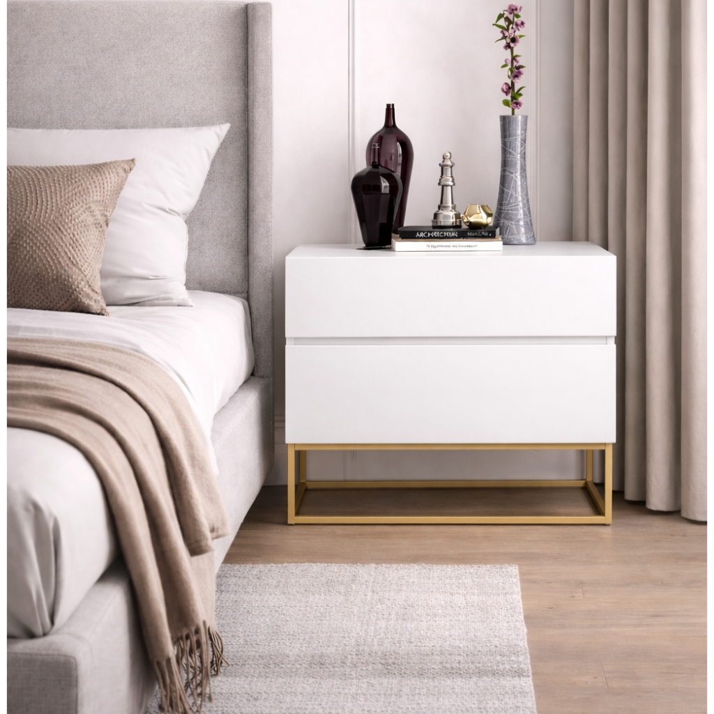 Kit 2 Mesa De Cabeceira Eros 60cm MDF 2 Gavetas Espaçosas Estilo Industrial Com Pés De Ferro Dourado