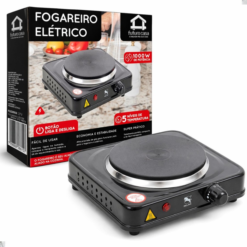 Fogareiro Elétrico Cooktop 127V Portátil 1 Boca Preto 1000W