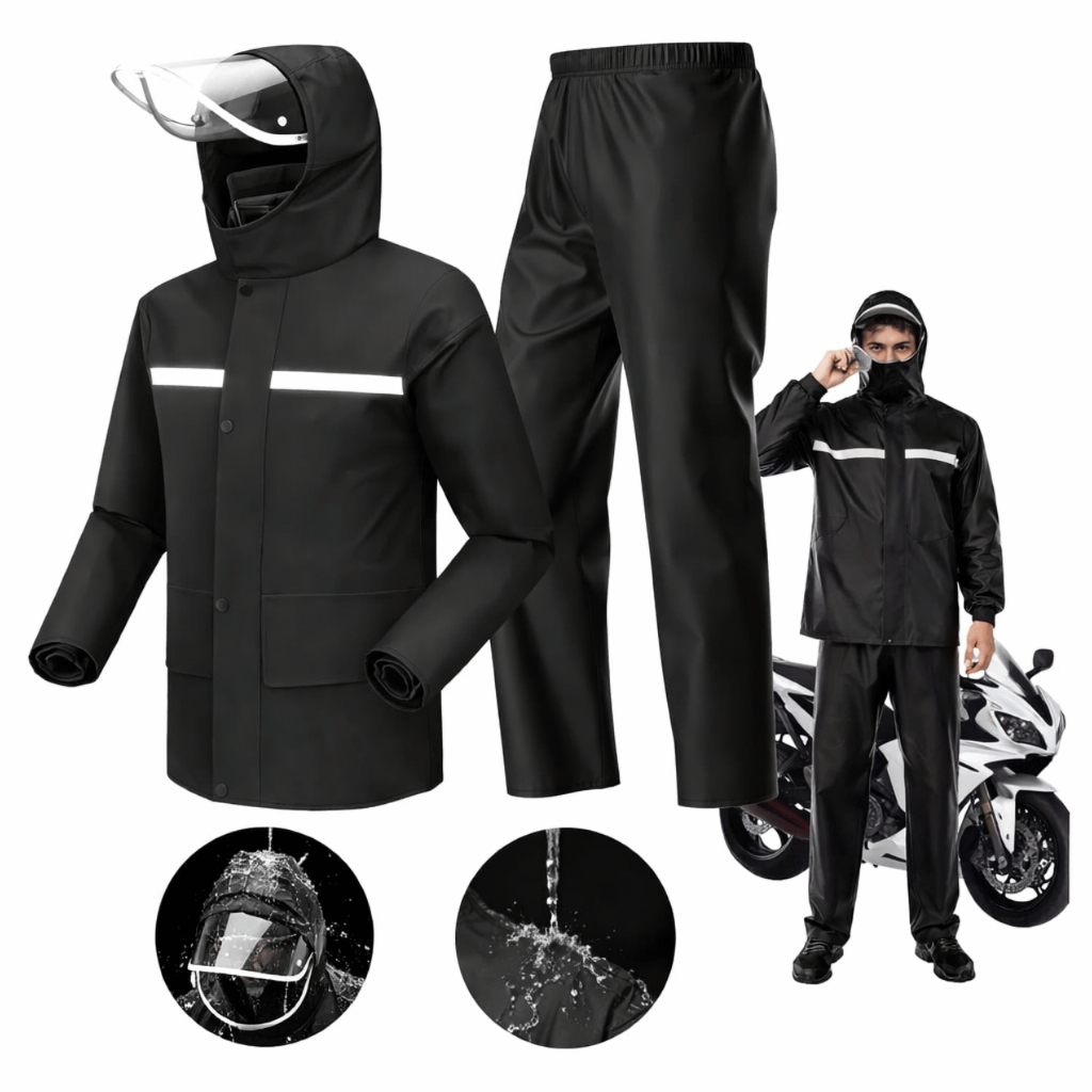 Capa Roupa de Chuva Conjunto Jaqueta Calça Motoqueiro Unissex Reforçada Impermeável com Mascara