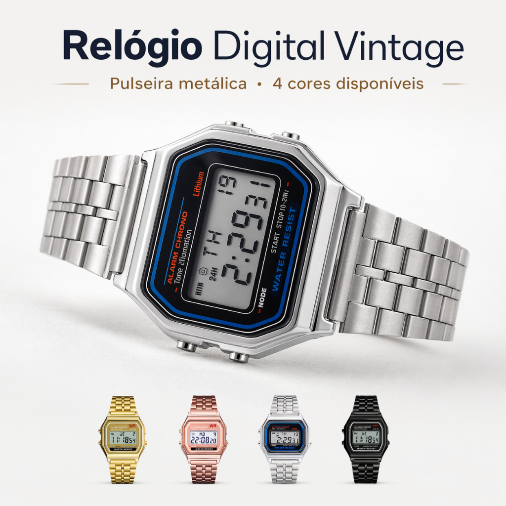 Relógio Digital Vintage Retrô Unissex Pulseira Metálica Prata Dourado Preto