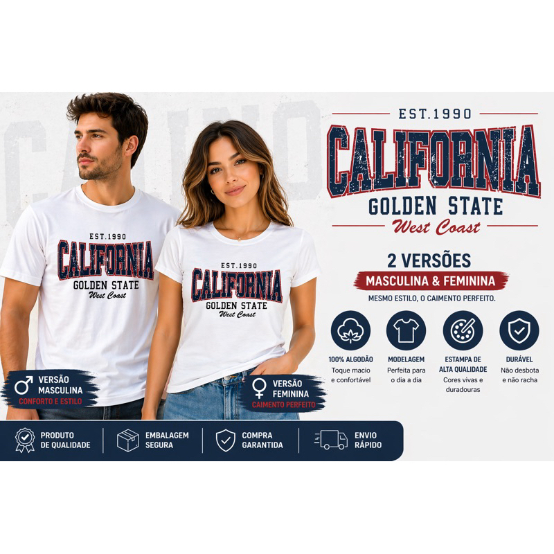 Camiseta California Estampada Masculina e Feminina 100% Algodão Casual Premium | Adulto e Infantil