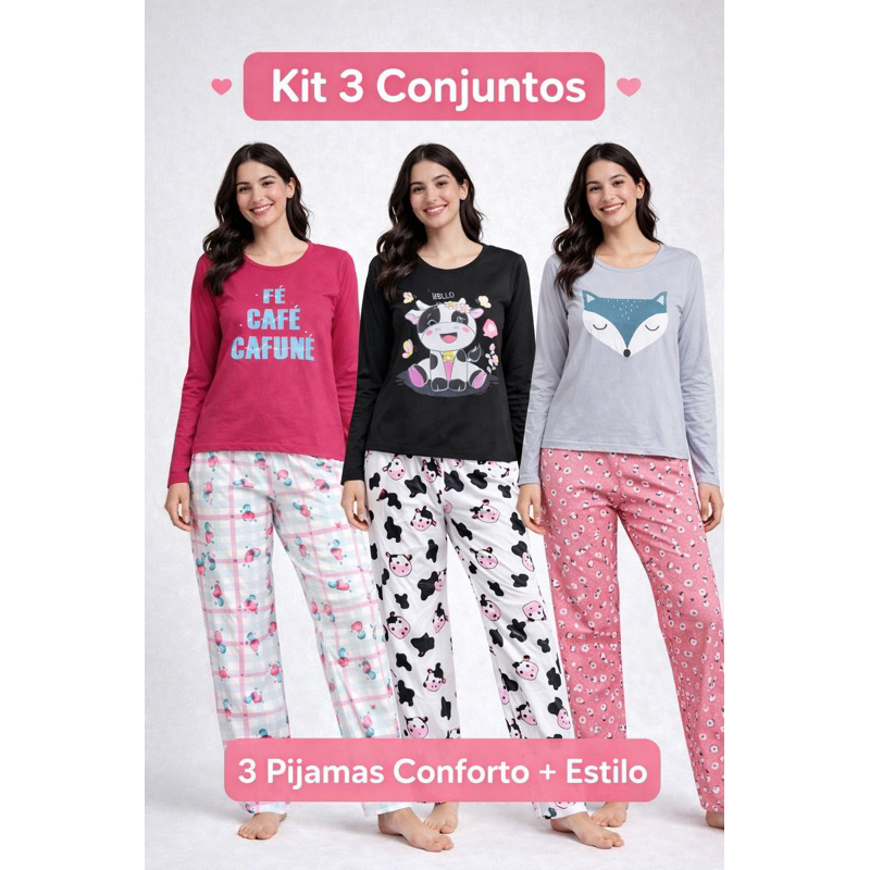 Kit 3 Pijamas Juvenil Menina Confortável Manga Longa Sortido (Tam 4 ao 16)