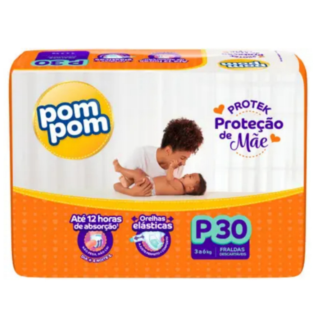 Fraldas Pom Pom Protek Proteção de Mãe P (3 a 6 kilos ) 30 Fraldas - 12 Horas de Absorção