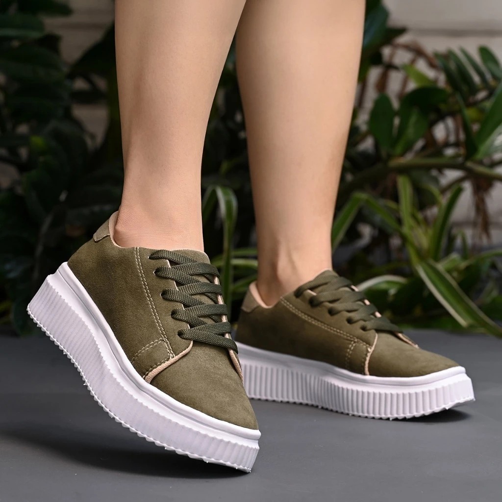 Tênis Feminino Verde Musgo Caramelo Preto Casual Camurça Liso Plataforma Alta Cano Baixo Macio E Confortável