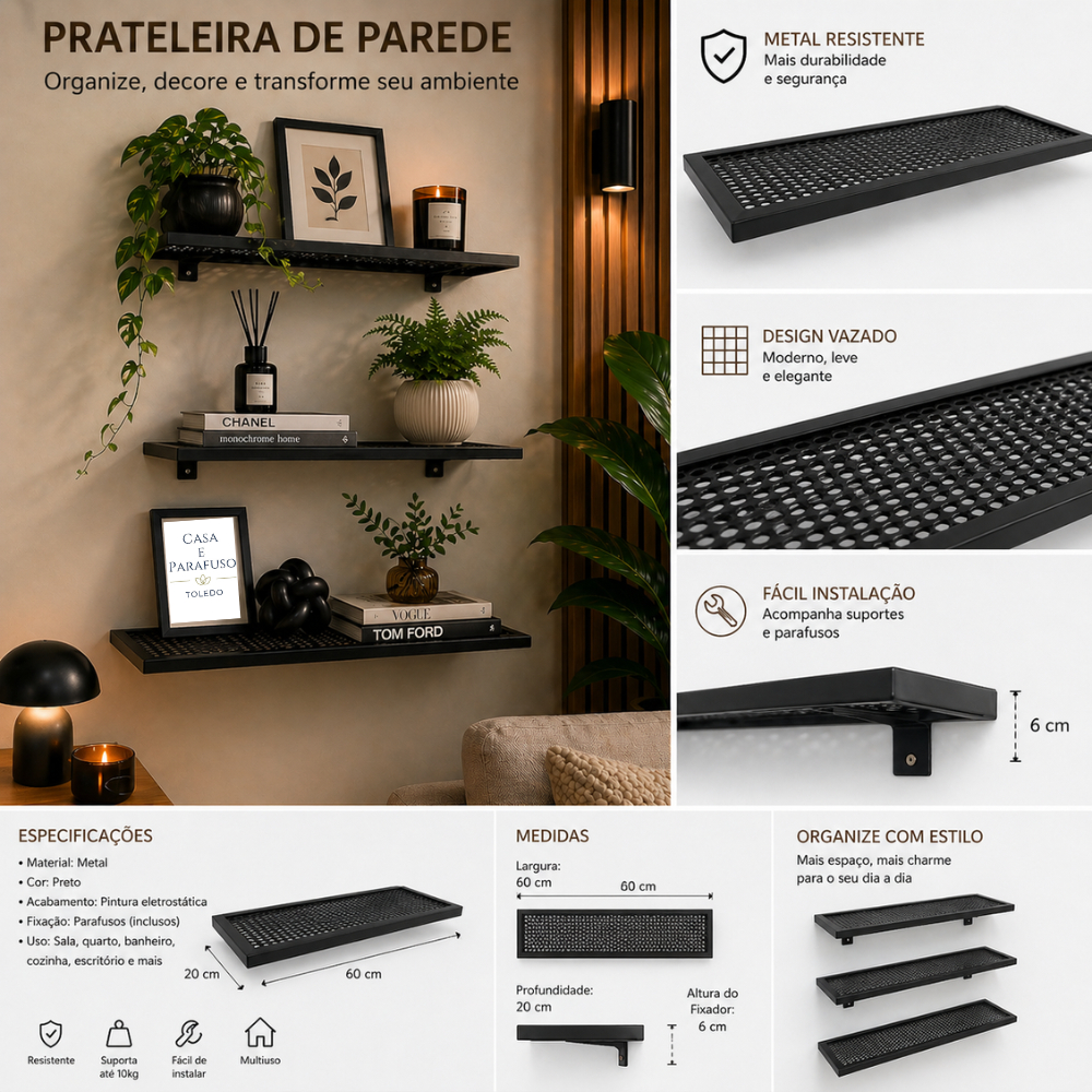Prateleira  Industrial Com Grade 20x60cm --102