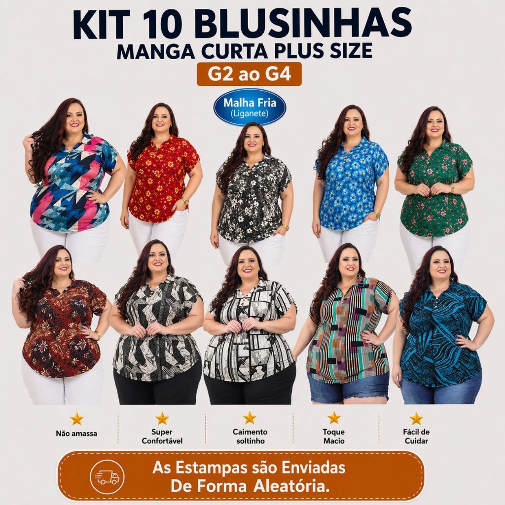 Kit 10 Camisas Plus Size Feminina Polo G2 G3 G4 Estampada Não Amassa Tecido Frio Oferta Shopee Brasil Atacado