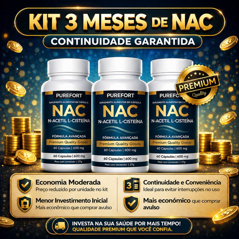 Kit 3 NAC 600mg – N-Acetilcisteína | Precursor da Glutationa | Imunidade & Fígado Saudável 180 Caps