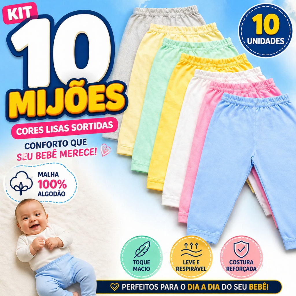 10 Unidades Mijão Infantil Calça Bebê Sem Pé Cores Lisas