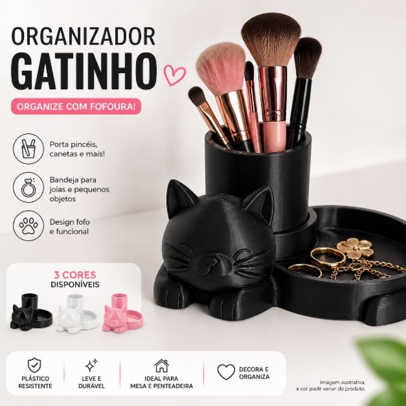 Organizador Gatinho Porta Maquiagem e Canetas Porta Pincéis e Acessórios Mesa Estudo Pent…