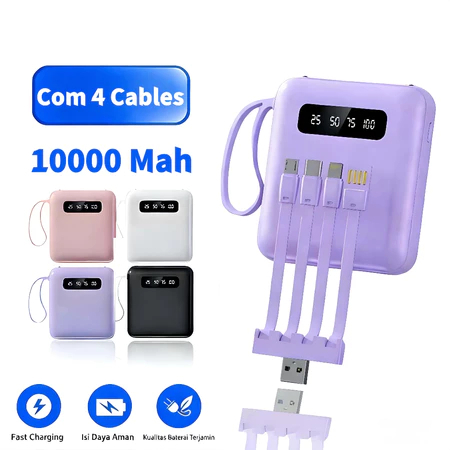 Carregador Portátil 10000mAh com 4 Cabos Carregamento Rápido Display LED Karina