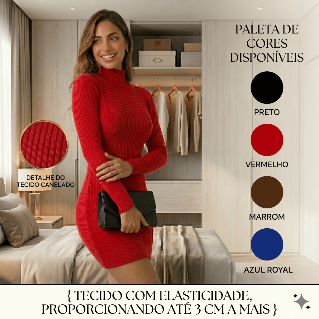 Vestido Tubinho Midi Manga Longa Gola Alta Canelado