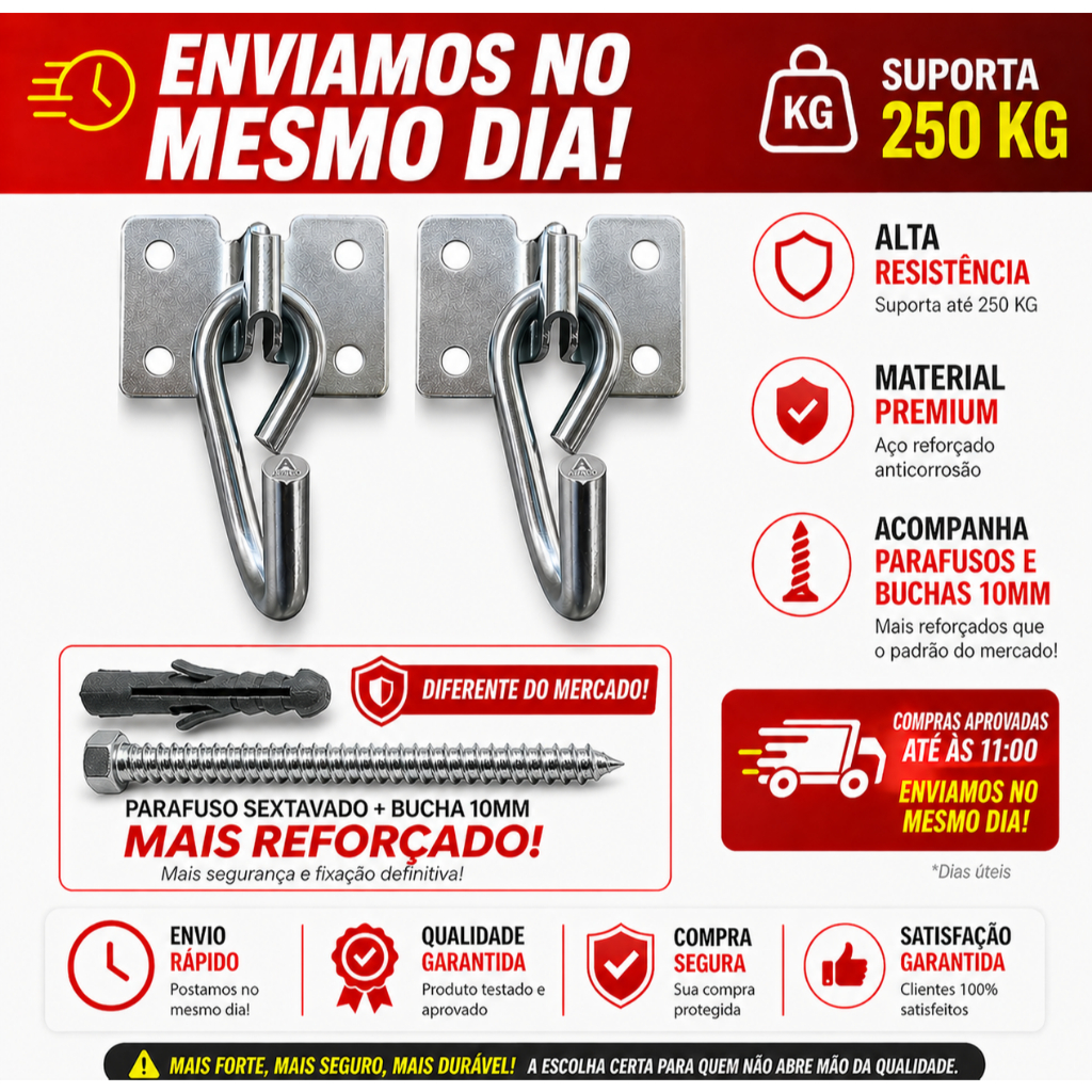 Par Gancho De Rede Armador Reforçado Aço Parafuso E Bucha Par 250kg