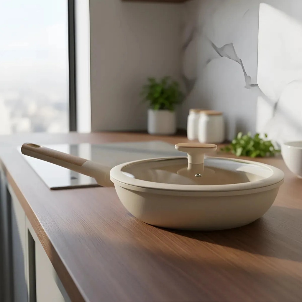 Panela Frigideira Wok 28cm Com Tampa Antiaderente Cerâmica Bege Para Fogão de Indução e Fogão Gás armário cozinha