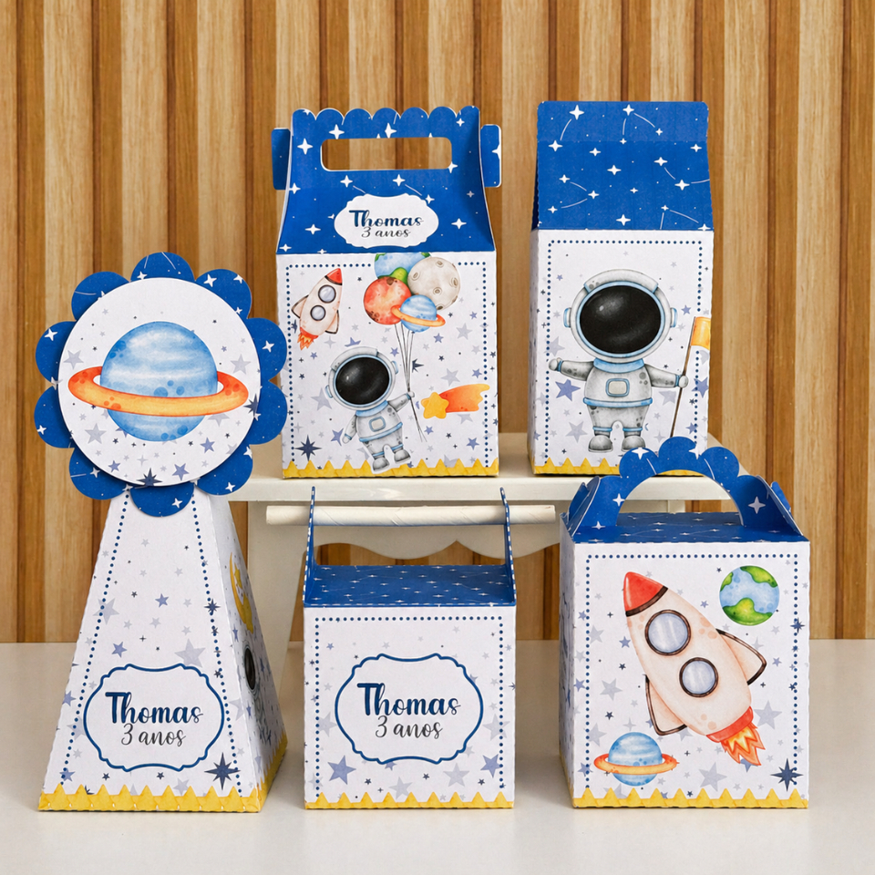 Kit Festa Caixinhas Personalizadas Astronauta Desmontadas para Lembrancinhas