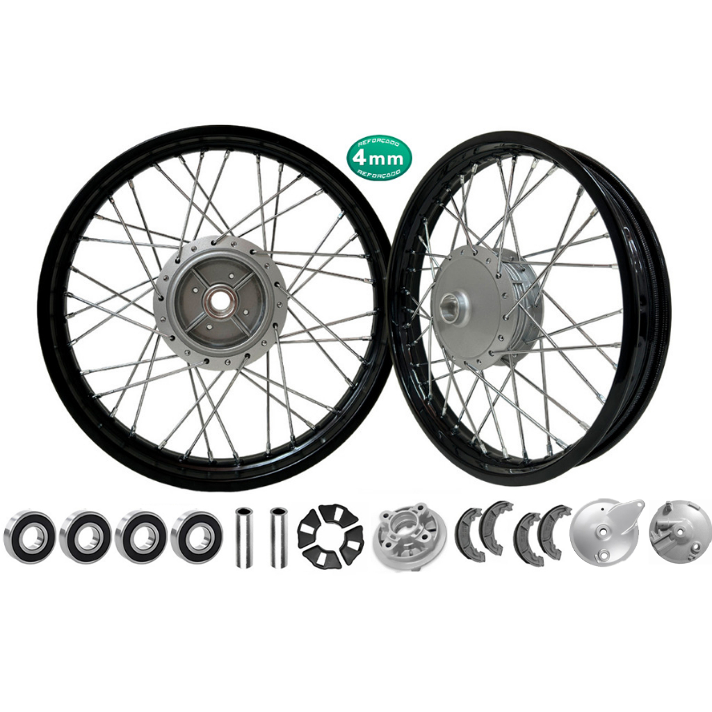 Par de Roda Aro Calha Folha Jante Ybr Factor Preto Tork Tambor Raio 4mm Com Peças