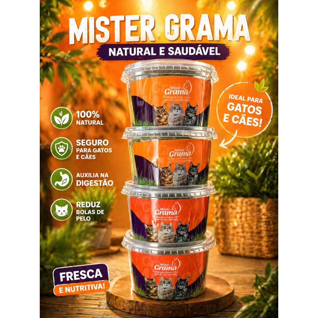 Graminha para Gatos Mister Grama Kit c/ 4 | Auxilia Digestão e Reduz Bolas de Pelo | 100% Natural