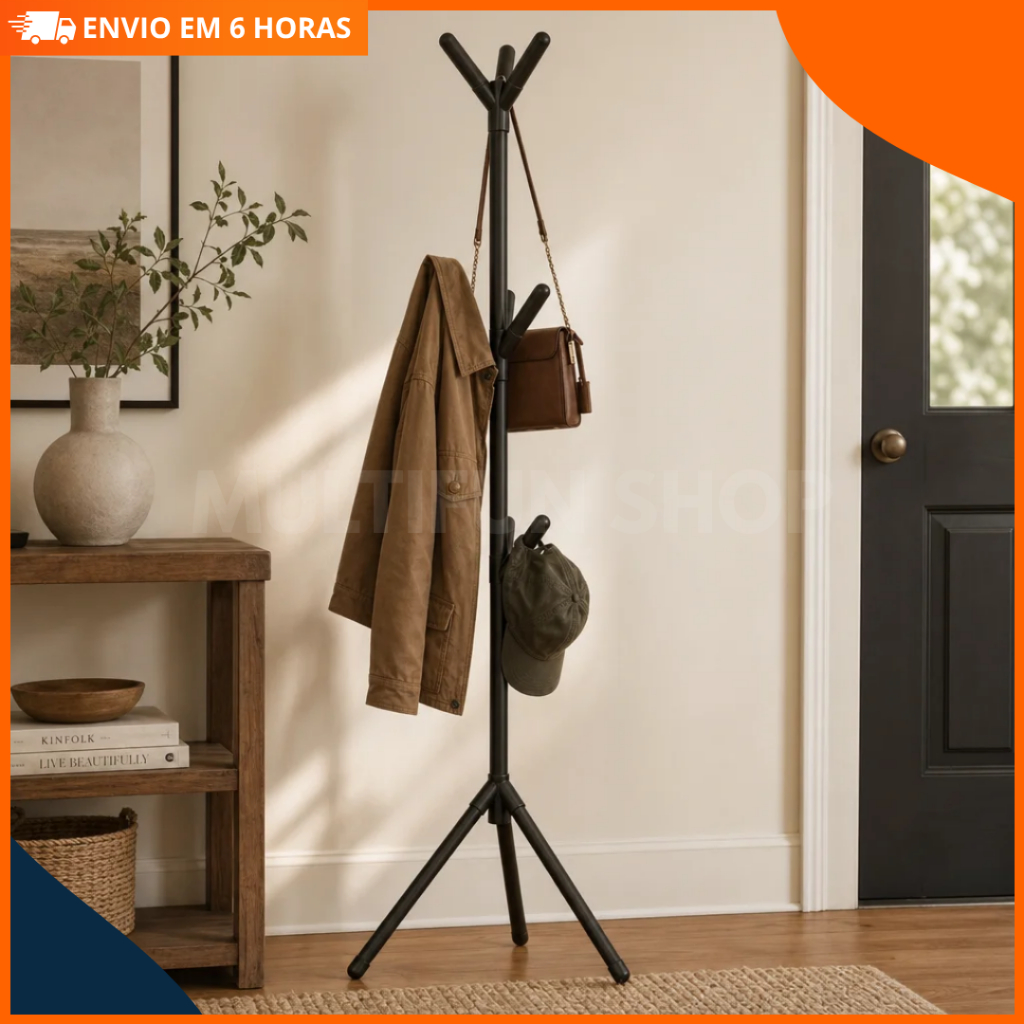 Arara De Chão Cabideiro Pedestal Bangaleiro  Preto Plástico Resistente Organizador De Roupa Quarto Varal Vertical Casa