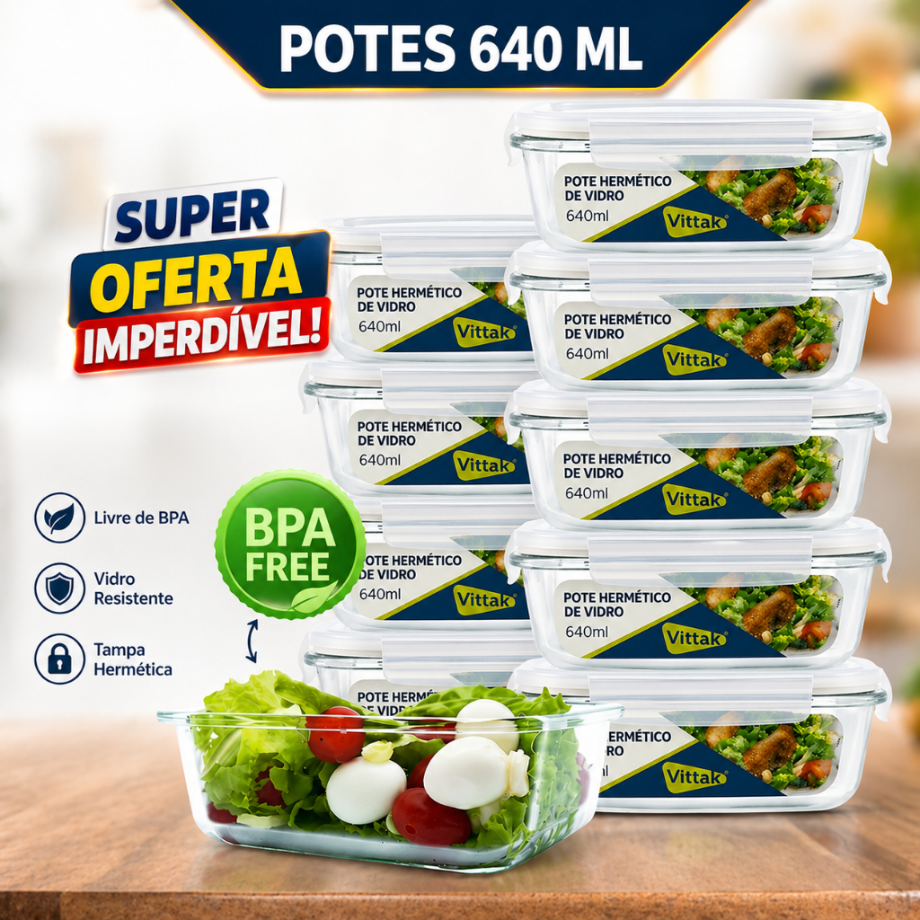 Vittak Kit 2, 3, 4, 5 e 10 Potes De Vidro 640ml Hermético Retangular Marmita Fit Com Tampa 4 Travas