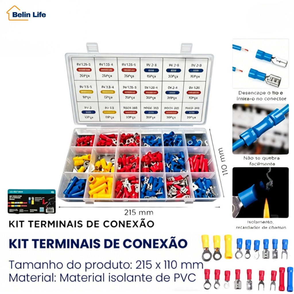 Jogo 295 Peças Terminal Elétrico Pré-Isolado 0.5 a 6mm² Profissional PVC Luatek