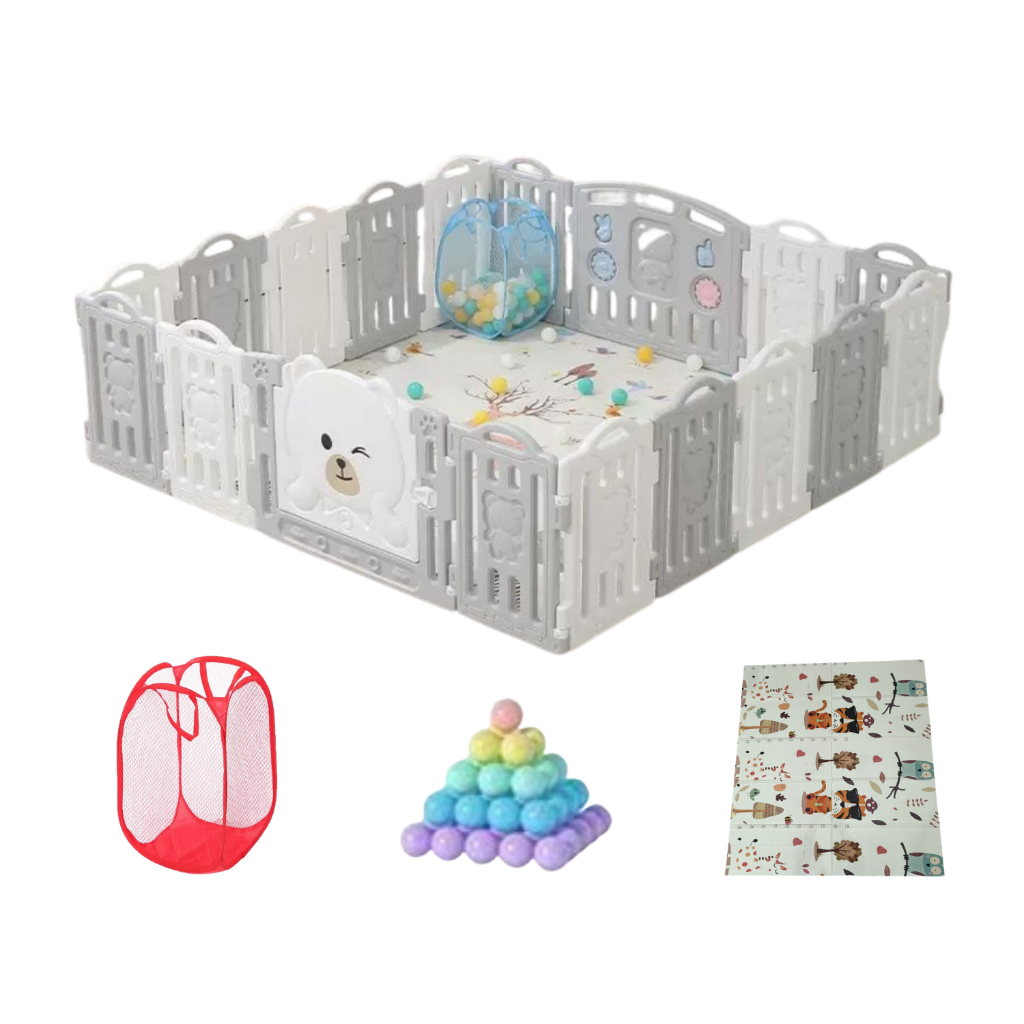 CERCADINHO CHIQUEIRINHO  MODULAR BRANCO E CINZA COMPLETO COM TAPETE, BOLINHAS E CESTO