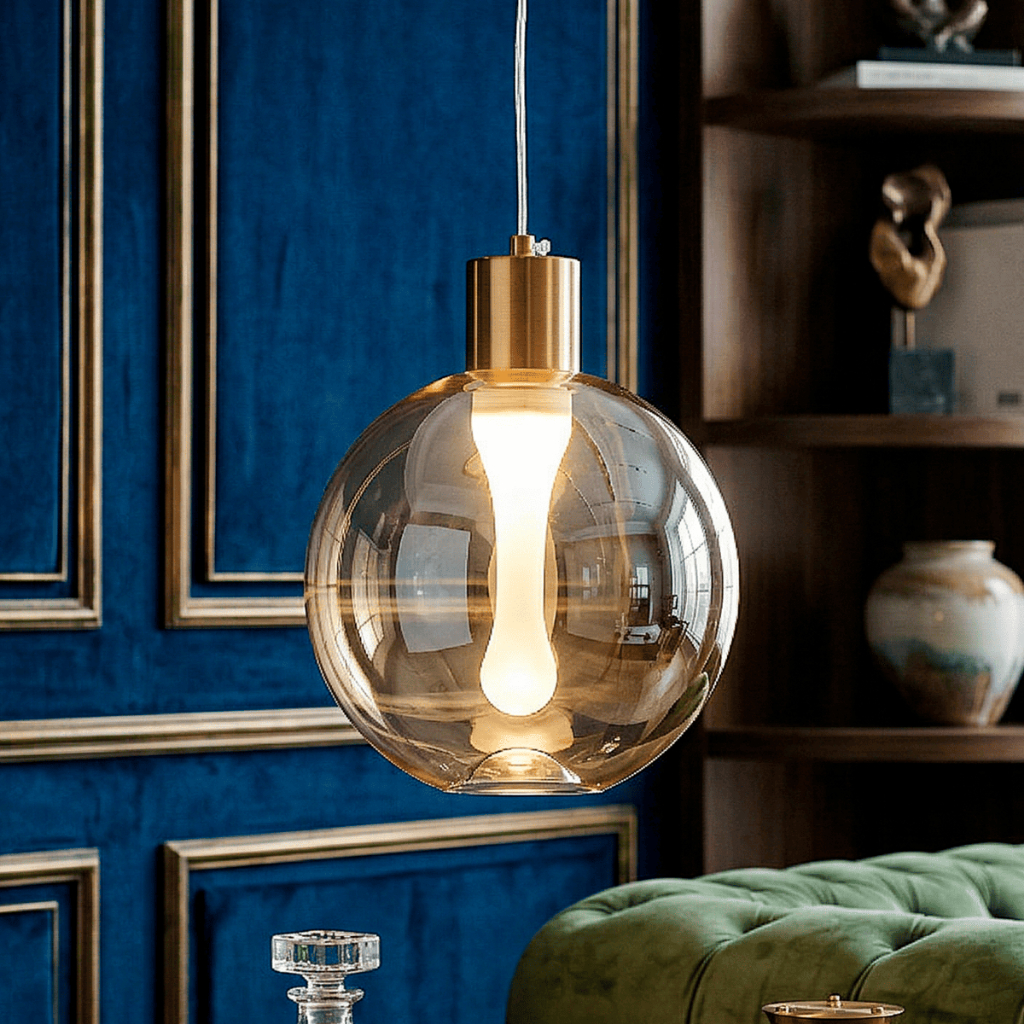 Lustre Pendente Vireon Esfera Vidro Fumê Dourado 19cm E27 Bivolt Cozinha Ilha Bancada Cabeceira