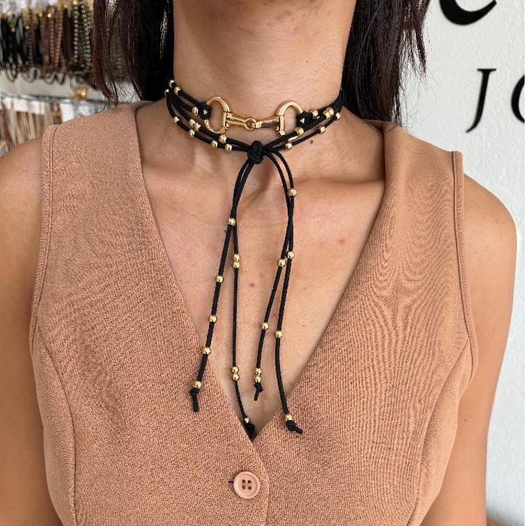 Colar longo bridão dourado com  bolinhas country western cowgirl boho courinho feminino