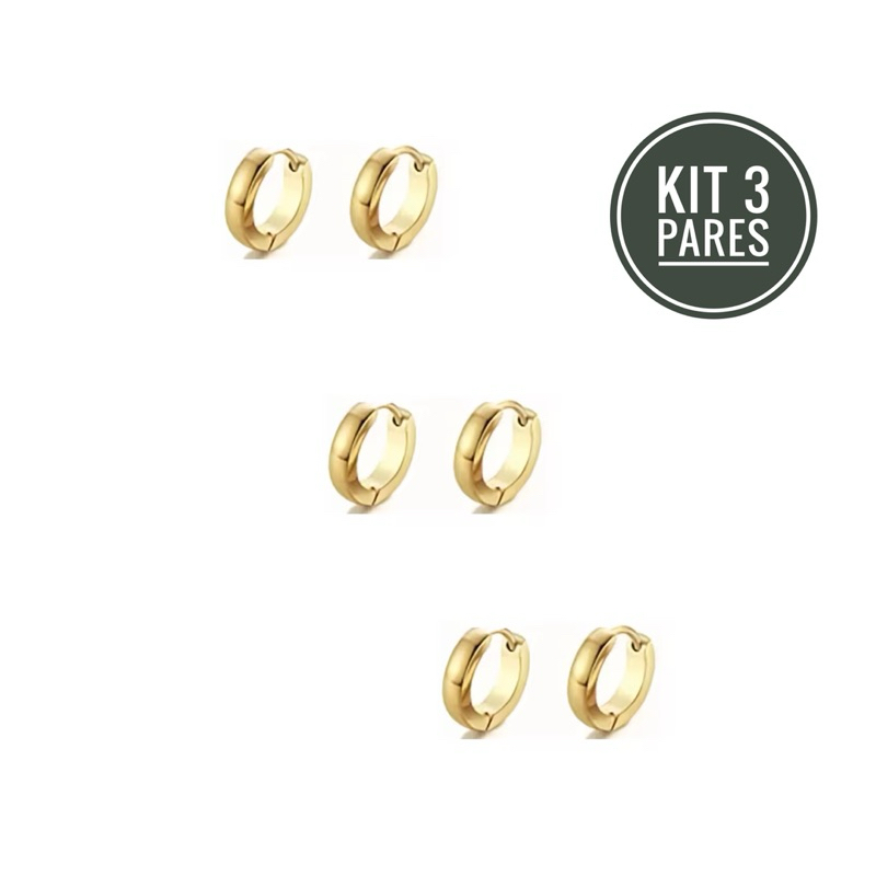 kit 3 pares Brinco Argola Aço Banhado pvd gold