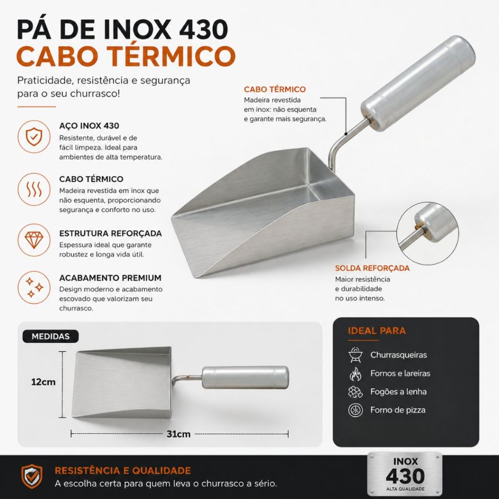 Pá Cinza Multiuso Em Inox Para Braseiro Churrasqueira