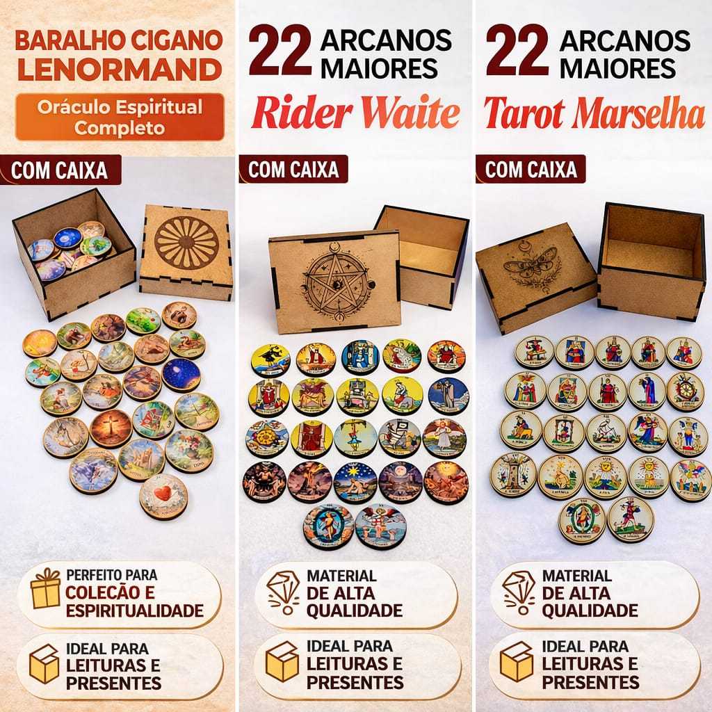 Baralho Cigano Lenormand em Moedas MDF | Tarot Rider Waite e Marselha | Oráculo Esotérico Completo com Caixa Decorativa