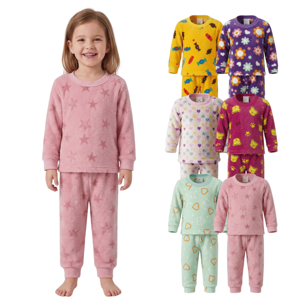 Kit Pijama Infantil Menina Manga Longa e Punho Conjunto Frio Bebê Fleece Peluciado Quentinho Inverno