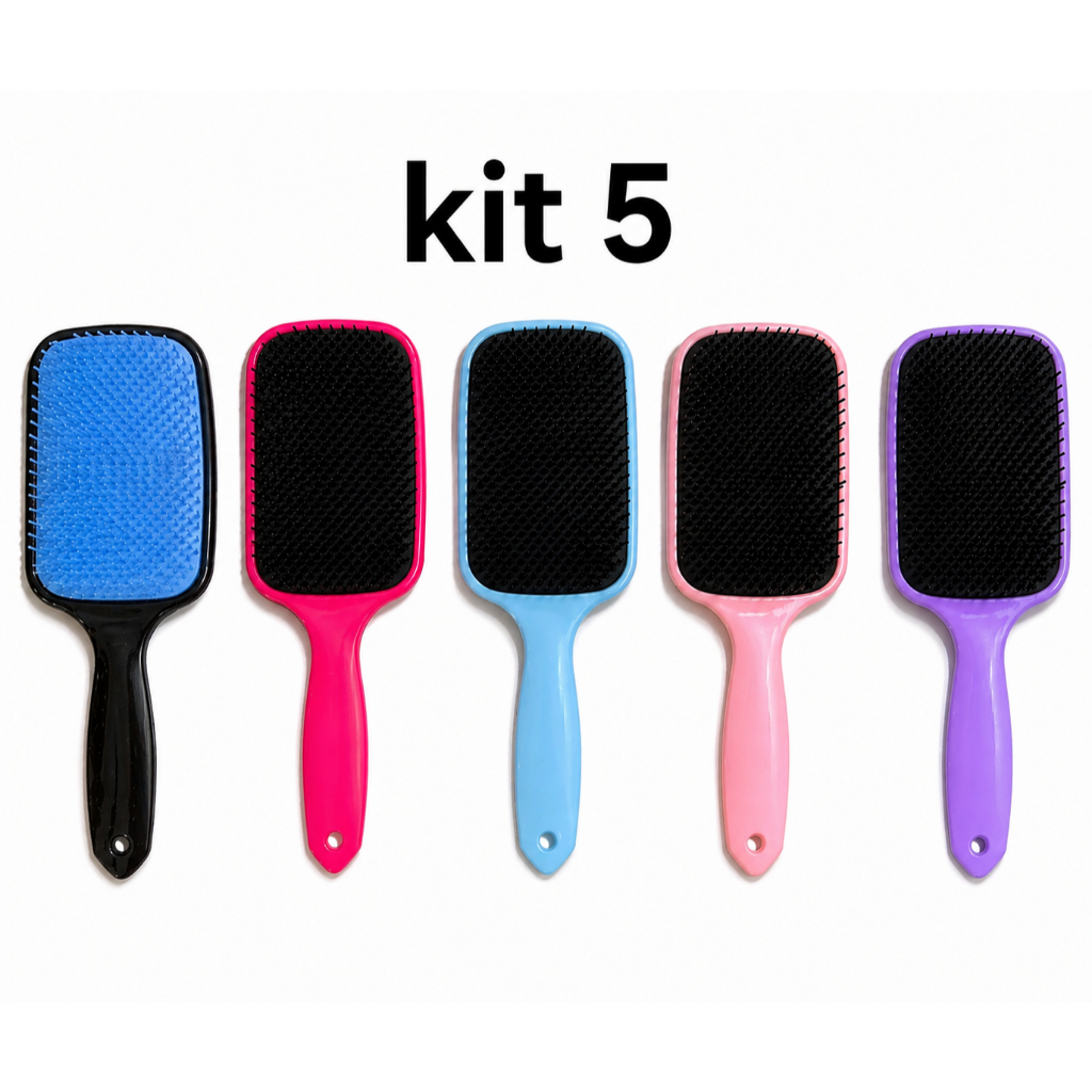 Kit com 5 Escovas De Cabelo Raquete Desembaraçadora Flex Hair Não Danifica Fios para Todos os Tipos de Cabelo