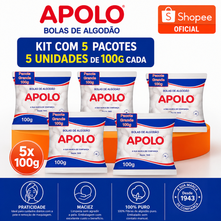 Kit 5 Pacotes Algodão Bola 100g Cada | 100% Algodão