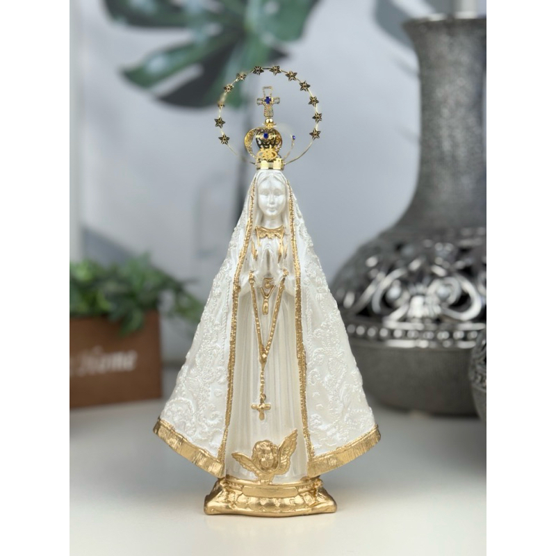 nossa senhora aparecida 23cm coroa folheada resplendor dourado perolado gesso