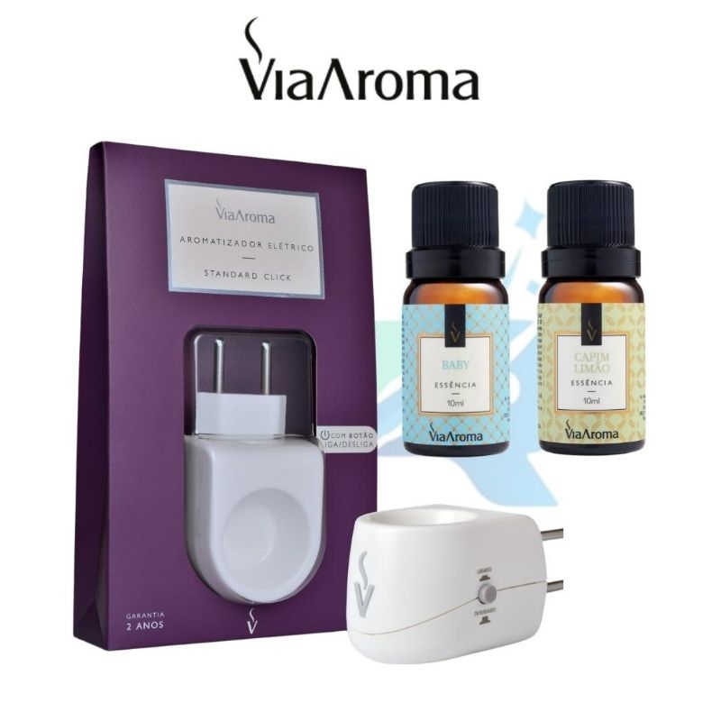 Difusor Aromatizante de Ambiente Elétrico Standard Via Aroma C/ Botão De Ligar Branco + 2 Essências 10ml Escolha as Suas