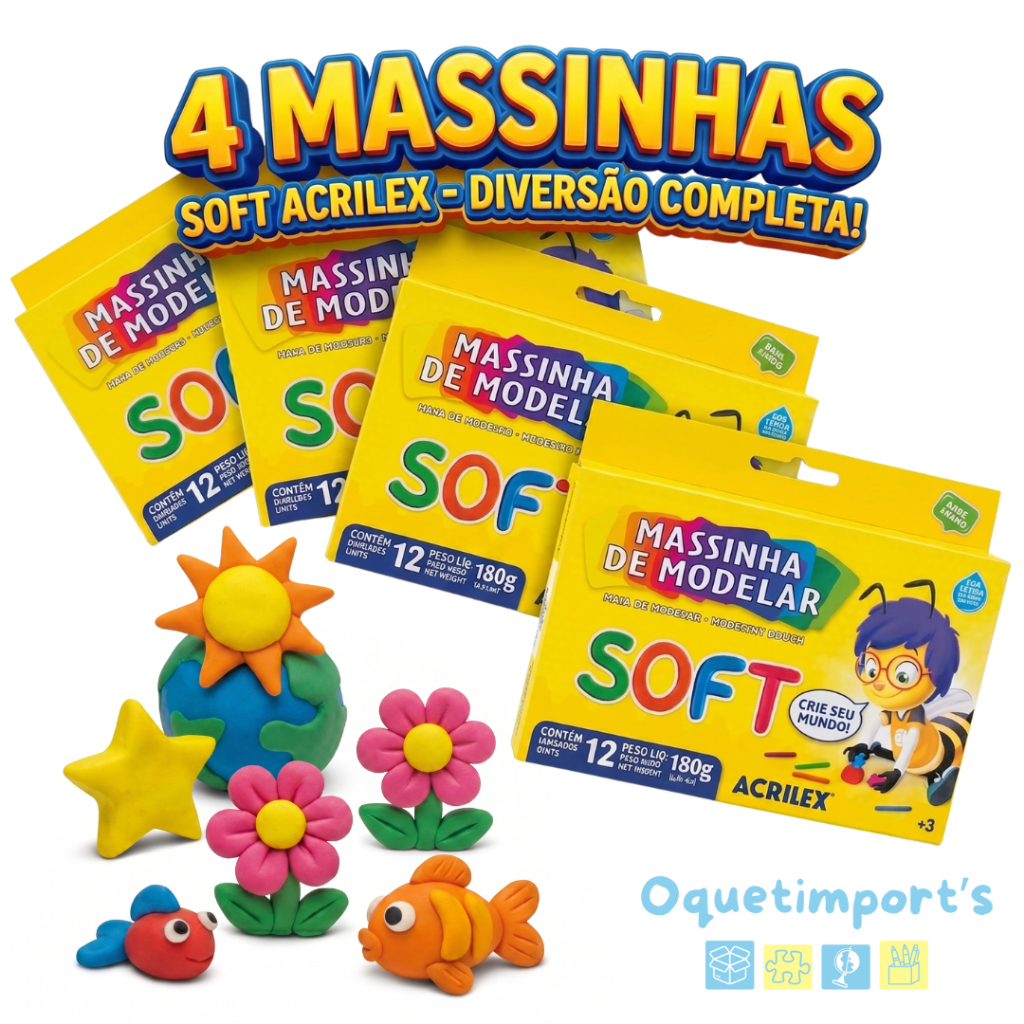 Kit 4 Caixas Massinha De Modelar Escolar Infantil 12 Cores Acrilex Não Tóxico Base De Amido